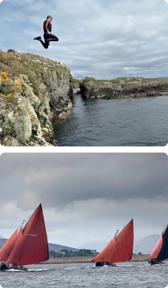Two images of a person coasteering and sailboats