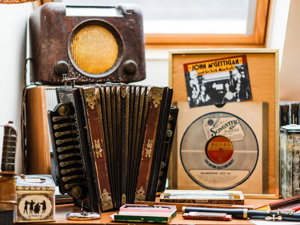 Exhibit with old musical instruments in the heritage museum