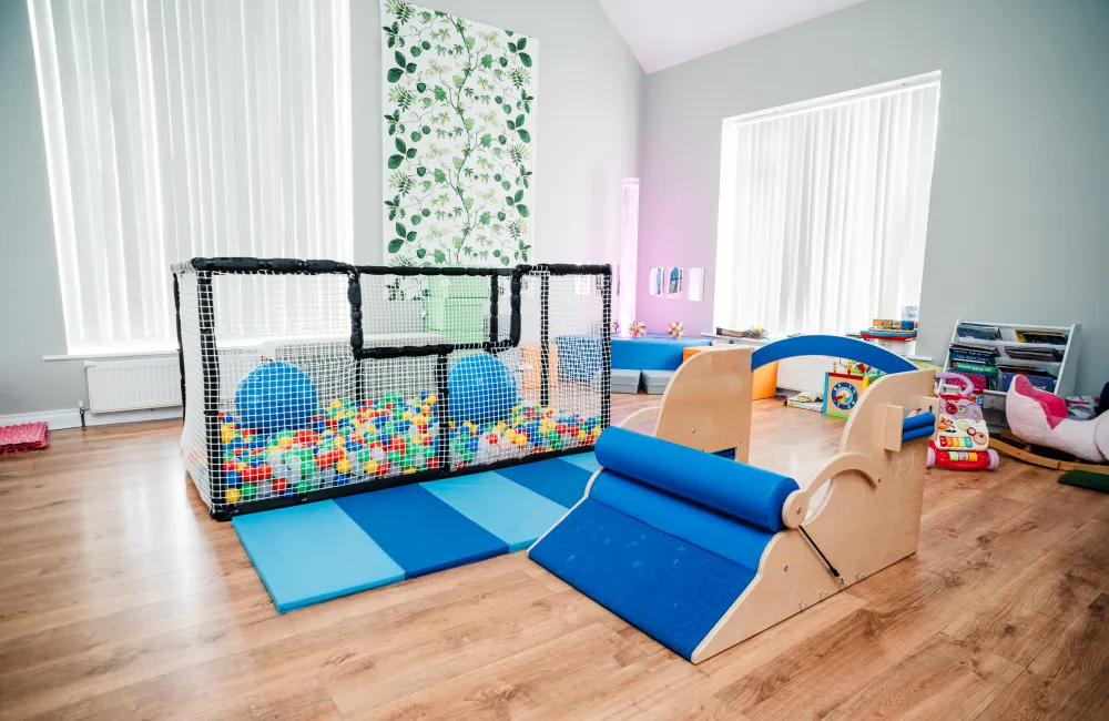 Children's play room with a ball pit, various toys and books